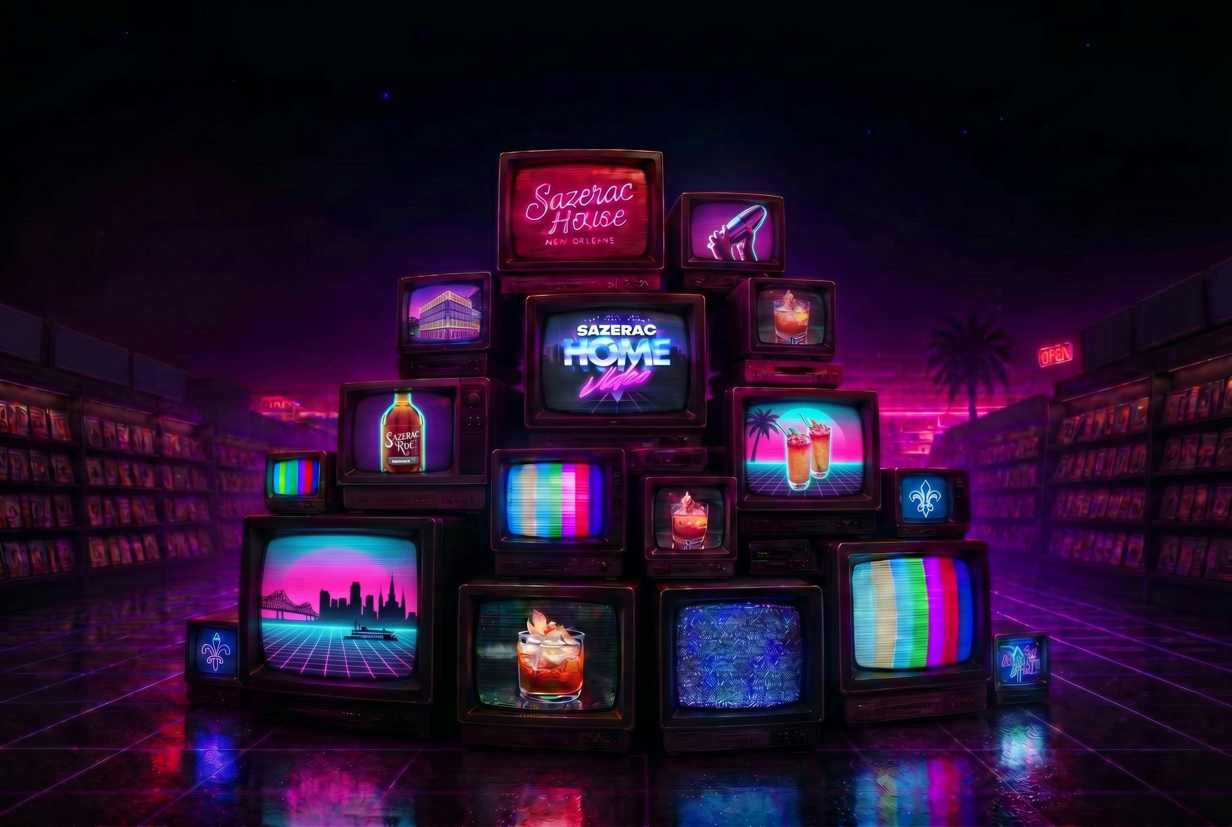 A pyramid of glowing CRT televisions inside Sazerac Home Video, with the central screen showing the SAZERAC HOME VIDEO neon logo
